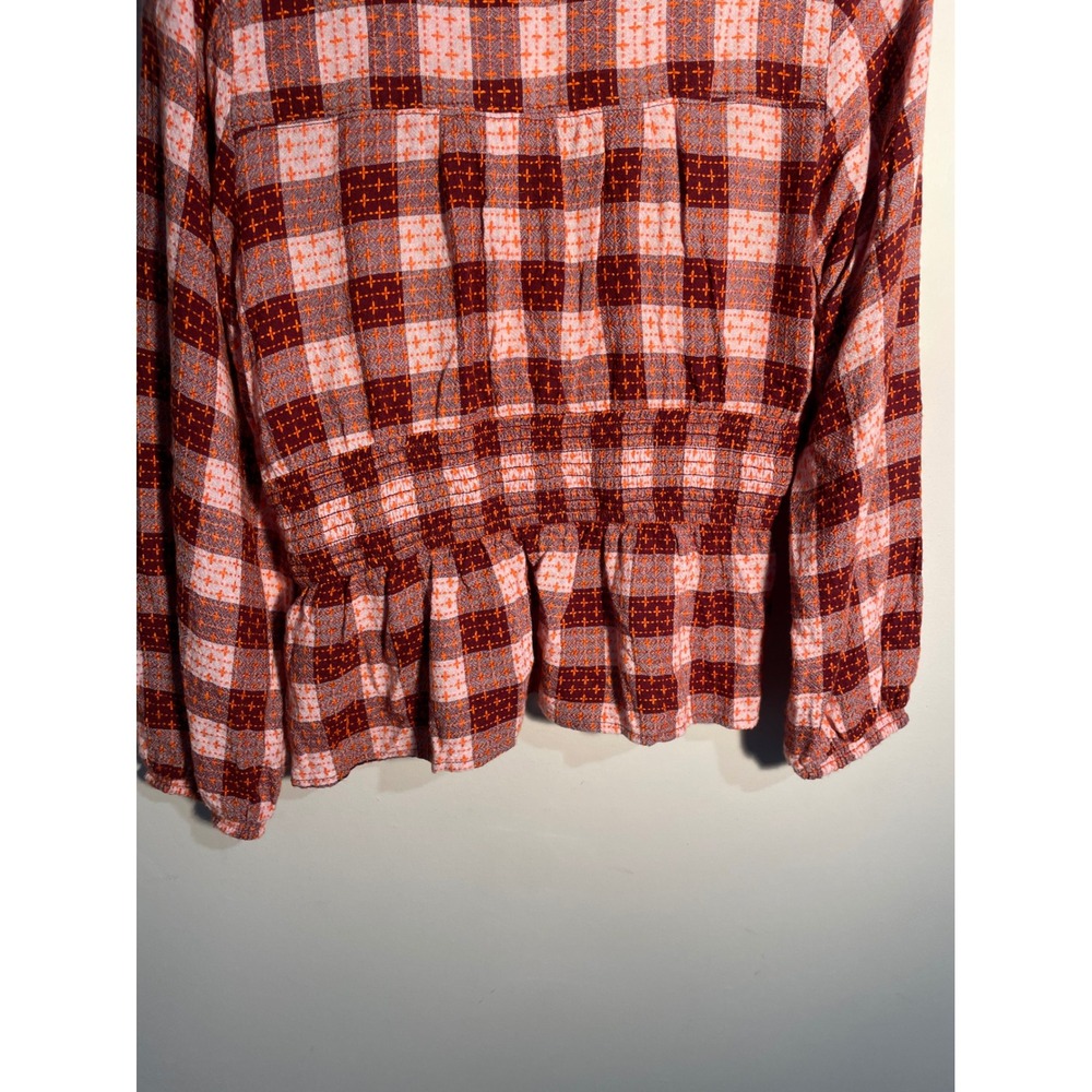 Anthropologie Red & Pink Plaid Peplum Blouse - Picture 8 of 10